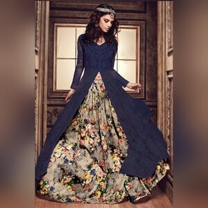Digital Printed Art Silk Jacket Style Lehenga Choli in Blue and Beige